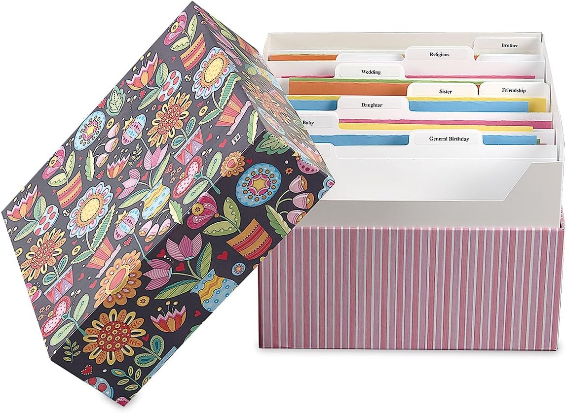 Mary Engelbreit Card Greeting Organizer Box - Stores 140+ cards (not included). 7" x 9" x 9-1/2", Occasion & Recipient Dividers & Labels, Birthday, Get Well, Sympathy etc.
