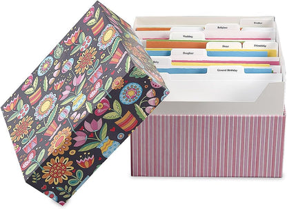 Mary Engelbreit Card Greeting Organizer Box - Stores 140+ cards (not included). 7" x 9" x 9-1/2", Occasion & Recipient Dividers & Labels, Birthday, Get Well, Sympathy etc.