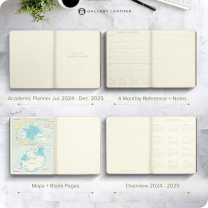 Gallery Leather Academic Planner 2025, Teacher and Student Weekly Monthly Planner, Elegantly Bound Calendar with Gold-Gilded Page Edges, 18 Months - Acadia Pool - 9 x 7 "