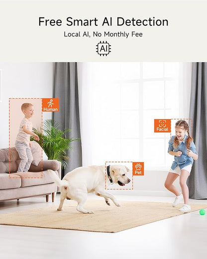Smart 3K Indoor Dome Security Camera with AI Human/Pet/Facial Detection, 360° Pan-Tilt Coverage, 2-Way Audio, 2.4GHz 5GHz Dual-Band Wi-Fi - Includes 64GB SD Card & No Subscription Needed