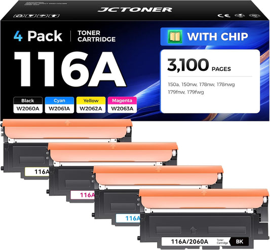 116A Toner Cartridge Set 4-Pack High Yield Replacement for HP 116A W2060A W2061A W2062A W2063A Compatible for HP Color Laser MFP 178nw 178nwg 179fnw 179fwg 150a 150nw Printer Black Cyan Yellow Magenta