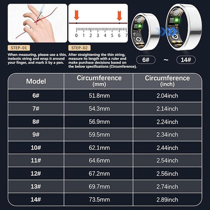 Smart Health Ring for Women Men, Fitness Tracker Ring with Heart Rate, Blood Oxygen, Sleep Tracker, Step Tracker, No Subscription Fee, IP68 Waterproof Smart Ring for iphone & Android (Silver, 13#)