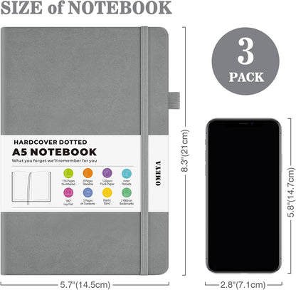 Bullet Dotted Journal Notebook 3 Pack, A5 Dotted Journal with 120gsm Paper, Leather Dotted Notebook, Hardcover Dot Grid Notebook Each with 156 Nmubered Pages, Dot Journal for Women, Men 5.75" × 8.38"