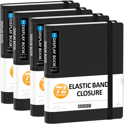 Sooez 4 Pack 72 Pocket Binder with Plastic Sleeves & Elastic Band, Large Capacity 8.5x11 Presentation Book Display 144 Pages, Art Portfolio Document Folder with Clear Sheet Protectors