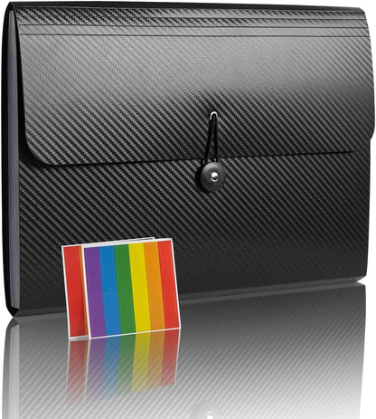 Expanding File Folder with 13 Pockets - Accordion Filing Folder for Documents - Aesthetic Black Paper Organizer for Work, School, Home, Office