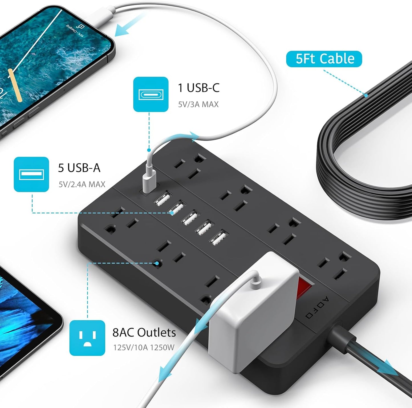 Surge Protector Flat Extension Cord Flat Plug Power Strip, AOFO 8 Widely Spaced Outlets and 6 USB Charger(1 USB C Port), 5 Ft, for Travel, Office, School, Dorm Room Essentials, Black