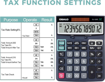 OSALO 12 Digits Desktop Calculator Extra Large LCD Display with VAT Tax Big Button, Dual Solar Power and Battery, Basic Calculator for Office, Home, School (DJ-120D Deep Blue)