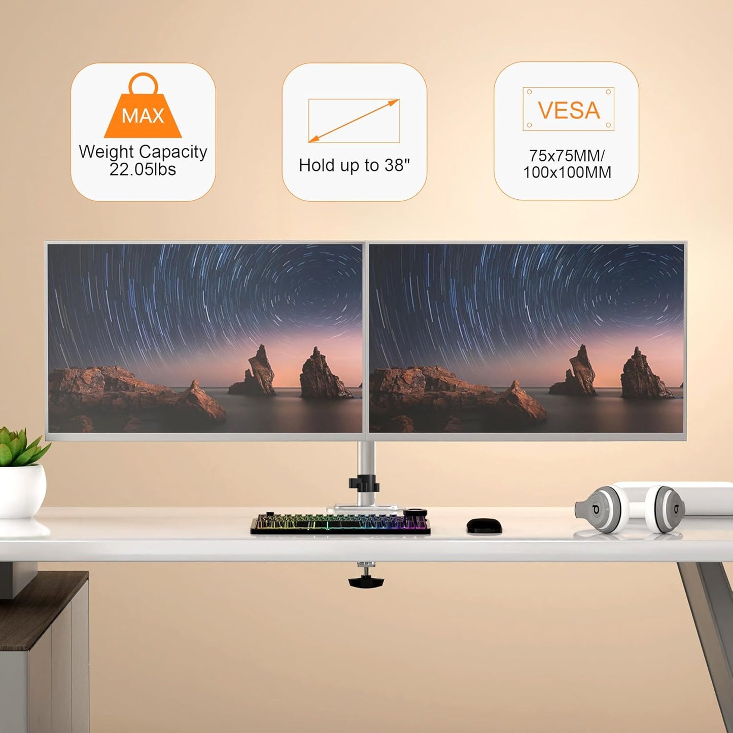 Pholiten Dual Monitor Stand, Heavy Duty Adjustable Monitor Arm Desk Mount for 2 Screens up to 38Inches, Tilt, Swivel, Rotate, Supports Tilt, Swivel, Rotate, Supports 22 lbs per Arm,Silver