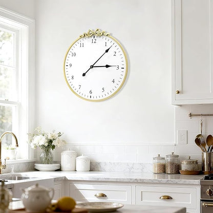 Large Vintage Gold Wall Clock, 20inch Decorative Round Wall Clocks with Bow Decor for Living Room, Retro Metal Battery Operated Clocks for Bedroom, Dining Room,Office