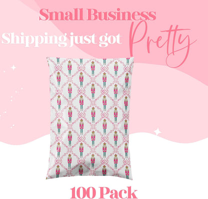 14.5x19 Designer Poly Mailer 100 Pack Heavy Duty Waterproof Self Seal Shipping Bags for Small Business Large Mailing Envelopes Bulk Tear Resistant Packaging Pink Nutcracker Christmas Holiday