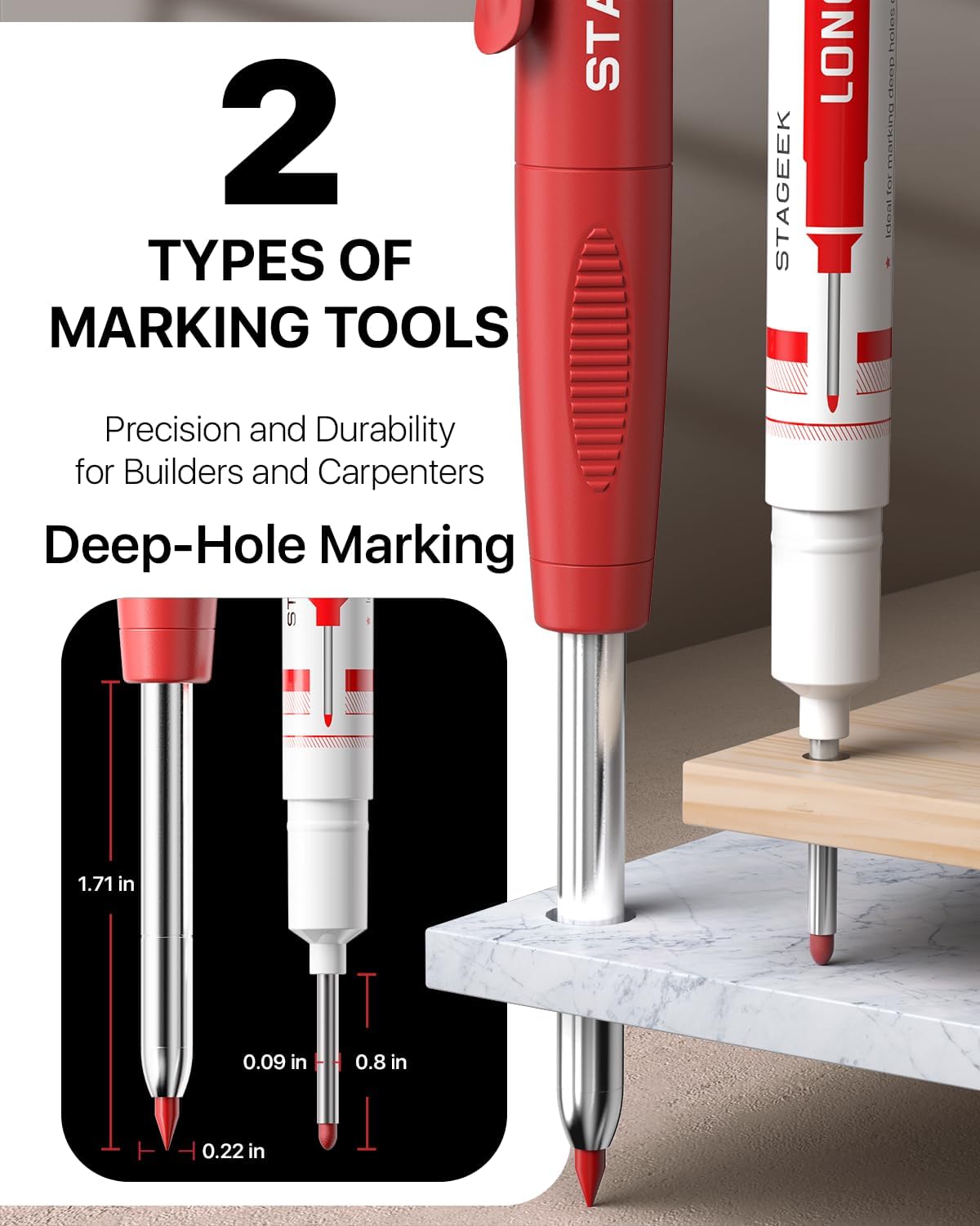 2PCS Carpenter Pencils with Sharpener, Heavy Duty Woodworking Tools, Mechanical Pencil Set with 26 Refills, Deep Hole Long Nib Marker Pens for Architect Marking with Case (Black, Red)