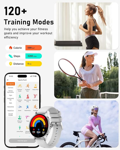Smart Watch for Women, Answer/Make Call,1.27'' Touchscreen, 120+ Sports Modes Fitness Tracker, 24H Heart Rate/SpO2/Sleep/Menstrual Cycle/IP68 Fitness Watch for Android iOS, 4 Straps (Silver)