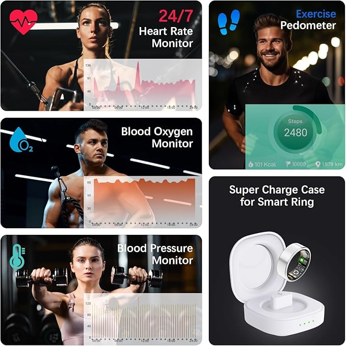 Health Tracker Ring, Smart Health Ring for Women Men with Heart Rate, Blood Oxygen, Sleep Monitor, Steps,Calories, No Subscription Fee, IP68 Waterproof Smart Ring for iPhone & Android (Silver, 7#)