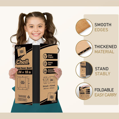 Chell Mini Size Trifold Poster Board, 16" x 24", Small Corrugated Project Boards, Black, 2 Pack