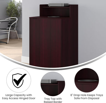 Flash Furniture Dell Trash Can Enclosure with Tray Shelf and 8" Drop Hole, Commercial Grade Trash Receptacle for 32 Gallon Round Cans, Swing Door Access, Mahogany