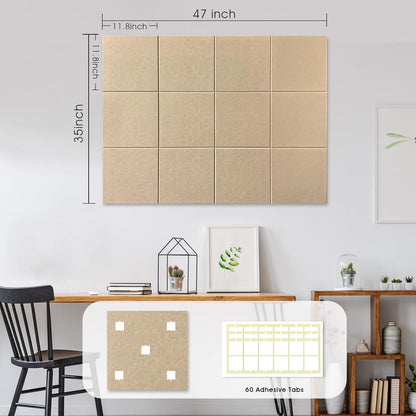 Large Cork Board for Office Wall Decor,48"x36"-12 Pack Felt Wall Tiles with Safe Removable Adhesive Tabs, 1/2" Thick, Felt Bulletin Board Pin Board Cork Boards for Walls - Tan