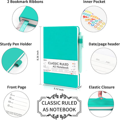 feela 12 Pack Notebooks Journals Bulk, Hardcover Notebook Classic Ruled Lined Journals with Pen Holder for Women Girls School Business Supplies, with 12 Black Pens, 120 GSM, 5.1”x8.3”, A5, Aqua