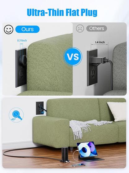 Tower Power Strip with 15W Wireless Charger, 6FT Flat Plug Extension Cord with Multiple Outlets, 12 AC Outlets, 4 USB Ports (2 USB C) Charging Station Surge Protector for Office Home Dorm Room (Black)