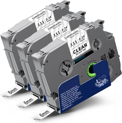 3-Pack TZe-111 Tape Compatible for Label Maker Tape Clear 6mm 0.23 Inch Label Tape TZe111 TZ-111 Black on Clear Refills for P Touch PT-H110 D220 D200 D210 H103W 1280 1290