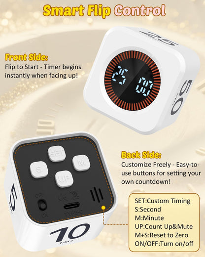 Pomodoro Timer Cube Visual Productivity Flip Timer for Kids Classroom Desk, 5/10/25/50min& Custom Countdown, Silent&Sound Mode Digital Cube for ADHD Study Work School Game Kitchen (White)