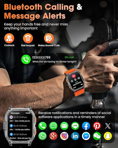 Military Smart Watches for Men, 2.01" HD Smartwatch with 1000 mAh Battery/2 Straps/Answer/Make Call/Led Flashlight/Heart Rate/Sleep Monitor, 100+ Sport Modes Fitness Tracker for Android/iPhone
