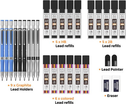 Nicpro 29 Pieces 2mm Mechanical Pencil Set, 9 PCS Drafting Carpenter Pencils 2.0 mm for Art Drawing Sketching construction with 192 Lead Refills Pre-Sharpen HB & 2B & Colors, 2 Erasers, 2 Sharpener