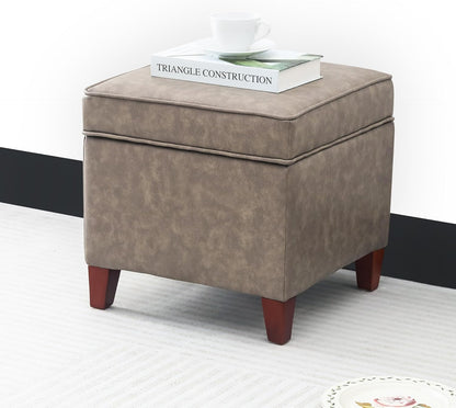 Adeco 17.5" Square Faux Leather Ottoman with Storage - Upholstered PU Foot Rest - Flip Top Footstool with Sturdy Wood Legs, Small Cube Coffee Table Extra Seat for Living Room, Bedroom, Coffee Brown