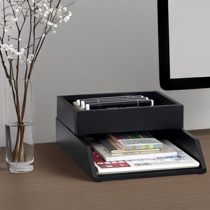 Demigo Desk Organizer Letter Tray Set of 2, Acacia Wood Tabletop Desktop for Storage Paper Letter Folders Notebooks Copy Print, Workspace Holder, Keep Stationery Saver (Black)