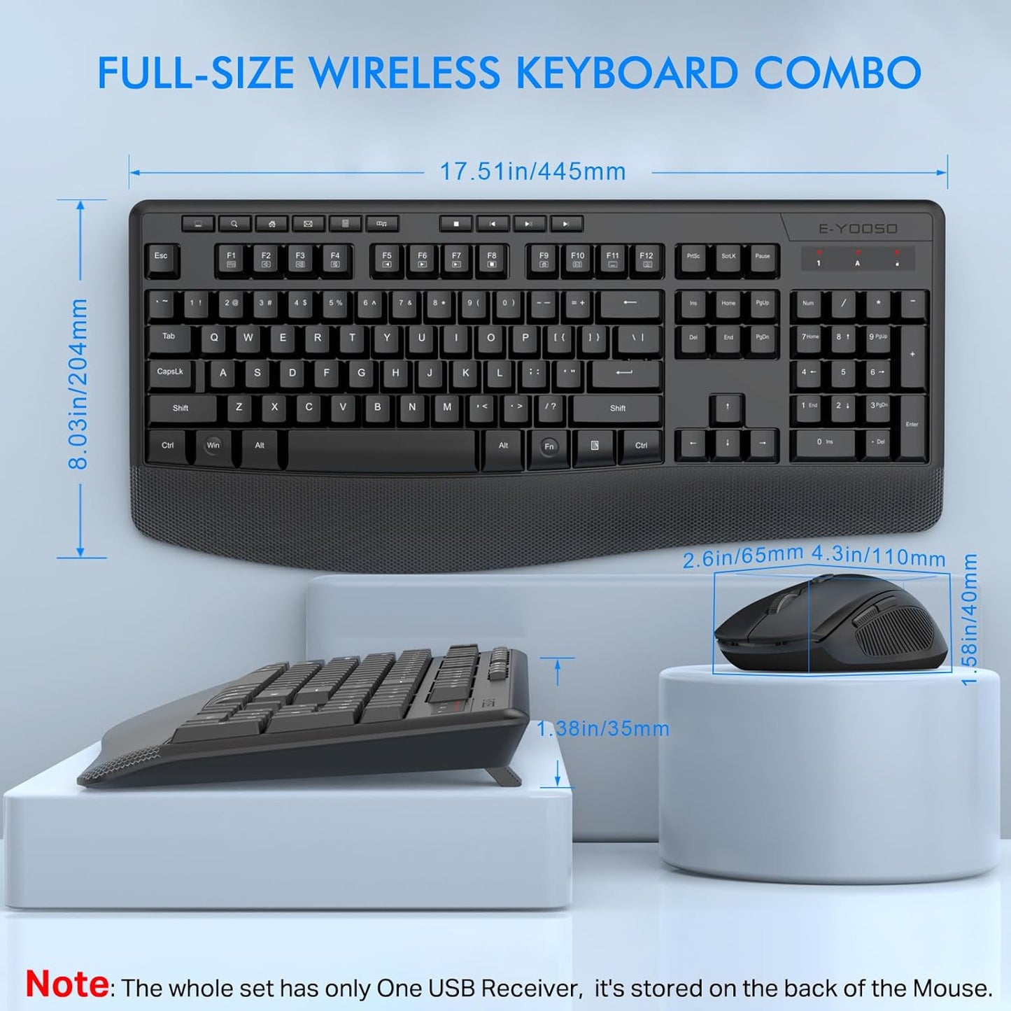 Wireless Keyboard and Mouse Combo, E-YOOSO 2.4GHz Full Sized Ergonomic Wireless Keyboard with Wrist Rest, 3 DPI Adjustable and 6 Buttons Cordless USB Mouse for Computer, Laptop, PC, Windows (Black)