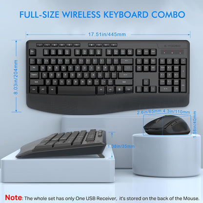 Wireless Keyboard and Mouse Combo, E-YOOSO 2.4GHz Full Sized Ergonomic Wireless Keyboard with Wrist Rest, 3 DPI Adjustable and 6 Buttons Cordless USB Mouse for Computer, Laptop, PC, Windows (Black)