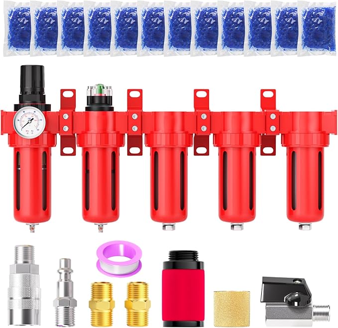 3/8" NPT Industrial Grade 5 Stage Aluminum Air Drying System, Coalescing Filter, Particulate Filter, Triple Desiccant Dryer and Air Regulator, Manual Drain For Plasma Cutter and Paint Spray