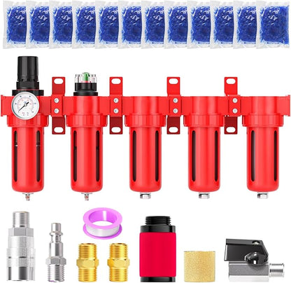 3/8" NPT Industrial Grade 5 Stage Aluminum Air Drying System, Coalescing Filter, Particulate Filter, Triple Desiccant Dryer and Air Regulator, Manual Drain For Plasma Cutter and Paint Spray