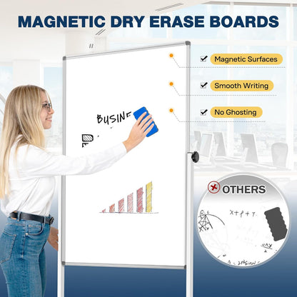 [21 Sq/ft] Large Double-Sided Rolling Whiteboard, 32"x48" Reversible Dry Erase Board with Stand, Magnetic White Board on Wheels, Standing Mobile Whiteboard, School Supplies, Classroom, Office, Home
