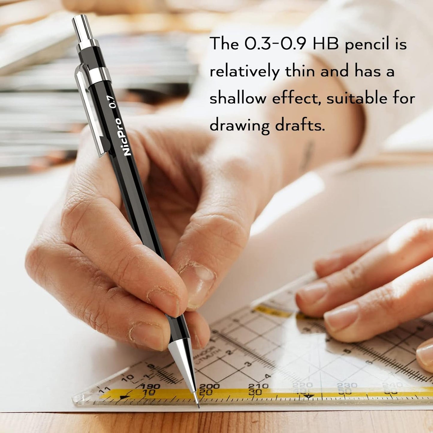 Nicpro 20PCS Black Metal Mechanical Pencil Set in Leather Case, 0.3, 0.5, 0.7, 0.9 mm & 2mm Lead Pencil Holders, (4B 2B HB 2H) Lead Refills (Black & Colors), Erasers For Art Drafting Sketching Drawing