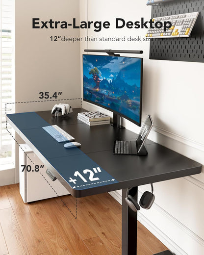 HUANUO Electric Standing Desk, 71 x 35 inch Large Height Adjustable Table, Powerful Brushless Motor, 4 Memory Preset, Sit Stand Up Desk, Home Office Computer Table with Thick T-Shaped Frame