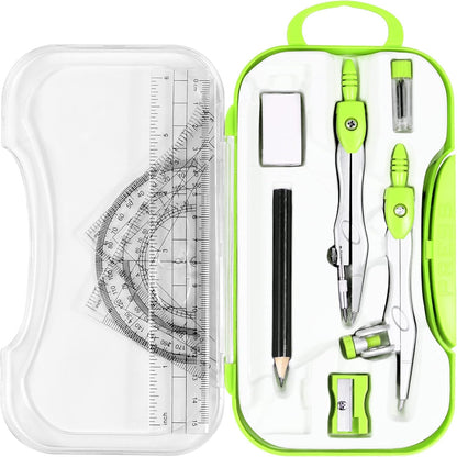 10 Pieces Math Geometry Kit Set Student Supplies with Shatterproof Storage Box,Includes Rulers,Protractor,Compass,Eraser,Pencil Sharpener,Lead Refills,Pencil,for School and Drawings（Green）