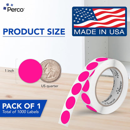 Perco Fluorescent Pink 1-Inch Round Circle Dot Sticker Labels with Easy Peel Perforation - 1,000 Labels per Roll - Strong Adhesion, Vibrant Colors for Organizing, Crafting & More - Made in USA