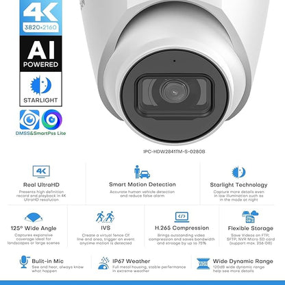 8MP IP Camera, 4K PoE Turret Outdoor Starlight Camera with Mic Audio, Human/Vehicle Detection, IVS, Intrusion Tripwire Alarm, 2.8mm 125°Wide Angle, Metal IP67, H265+, White