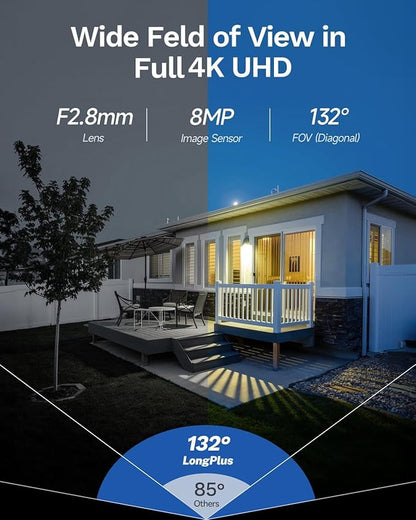 LongPlus 8MP 4K UHD Poe Wired Security Camera Outdoor for Security Cameras System, Cameras for Outdoor Home Security Spot Lights Color Night Vision, Strobe Light Alarm & Sound LP8MEF8