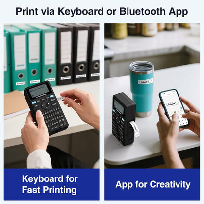 SUPVAN E11 Bluetooth Label Maker Machine with 4 Tapes, Support Keyboard & App with 40 Fonts and 450+ Icons, Rechargeable Inkless Labeler for Home, Kitchen, Office, School Organization, Black