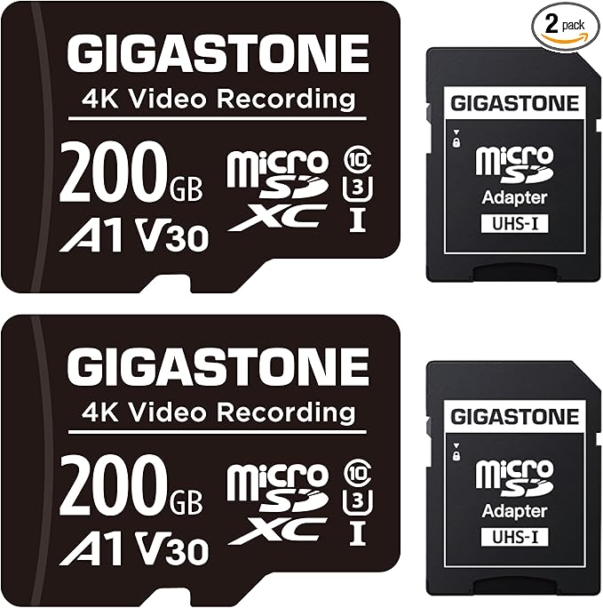 GIGASTONE 200GB Micro SD Card 2-Pack, A1 V30 4K Video Recording, Compatible with Security Camera, Dash Cam, Drone, 100MB/s MicroSDXC Memory Card UHS-I, with Adapter