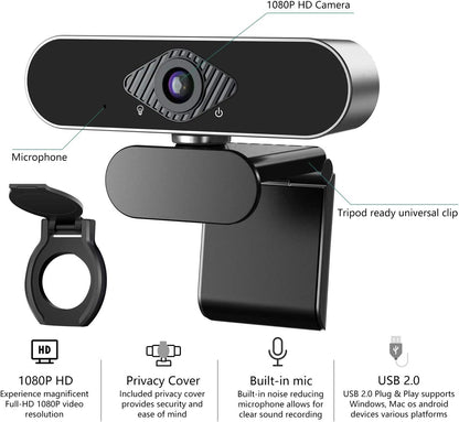 Webcam 1080P HD with Microphone & Privacy Cover, USB Web Cam with Live Streaming HD Video for Mac, PC, Computer and Laptop, Wide Angle Lens 1080P Web Camera with 360 Degree Flexible Mount