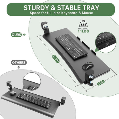 Large Keyboard Tray Under Desk - Slide Out with Sturdy C-Clip Mount System, 27 (31.2 Including Clamps) X 11.81 Put-Out Keyboard Tray Computer Drawer for Ergonomic Typing, Black