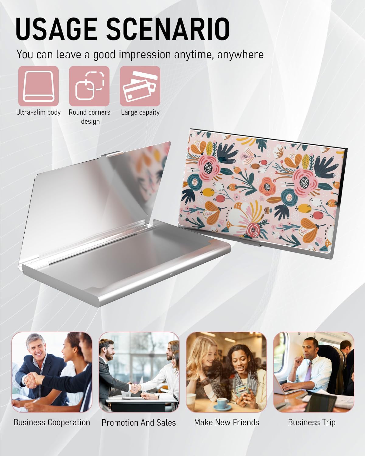 Business Card Metal Slim Organizer, Professional Stainless Steel Square Pocket Wallet for Office Workers, Compact and Portable for Pockets (Pink Flowers)