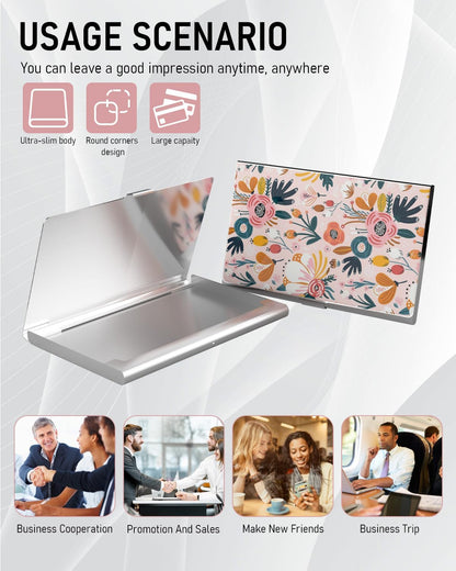 Business Card Metal Slim Organizer, Professional Stainless Steel Square Pocket Wallet for Office Workers, Compact and Portable for Pockets (Pink Flowers)