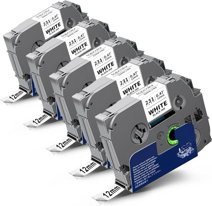5-Pack Tze Tz Tape 12mm 0.47" White Compatible for Brother 12mm 0.47" Laminated White Tze-231 Tz231 P Touch Label Tape 12mm 1/2" for PT-D210 PT-D202 PT-D220 PTD410 PTD600 PTD400 PT2430