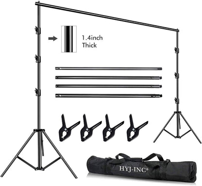 10 x 10Ft Photo Video Studio Heavy Duty Adjustable Muslin Backdrop Stand Background Support System Kit for Photography with Carrying Bag，4 Pcs Spring Clamps