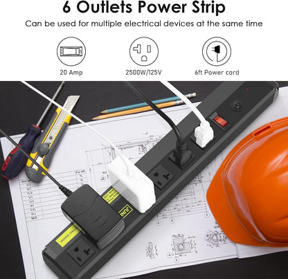 JUNNUJ Heavy Duty Metal Power Strip 20 Amp, High Amp Surge Protector 6 Outlet, 20A Power Strips Workshop Industrial Outlets Wide Spaced 6-20R T-Slot with Circuit Breaker, 12 Gauge Extension Cord 15ft