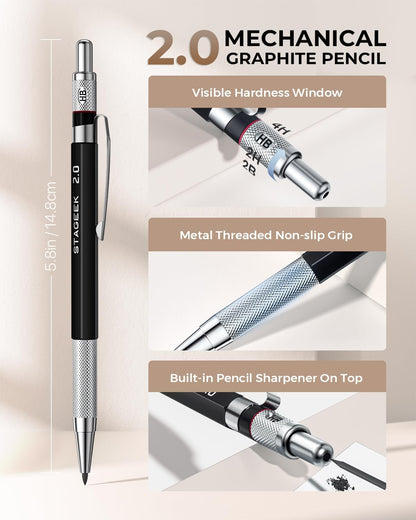 30PCS Art Mechanical Pencil Set with Leather Bag, Metal Artist Lead Pencil 0.5, 0.7, 0.9 mm, 3PCS 2mm Sketching Pencil (4H 2H HB 2B 4B 6B Color) with 464PCS Graphite Lead Refills for Drawing