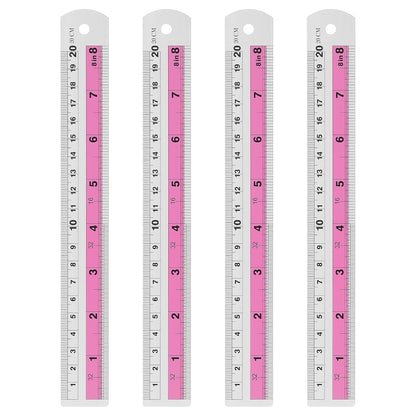 HARFINGTON 4pcs Metal Straight Ruler 20cm Metric SAE Aluminum Alloy Measuring Rulers Scale Tools with Hole for Measure Study Reading Classroom Office, Pink